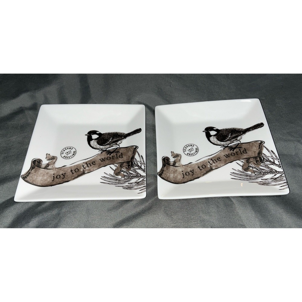 2 St Nicholas Plates Postage Stamp Bird Appetizer Square JOY TO THE WORLD 6x6"